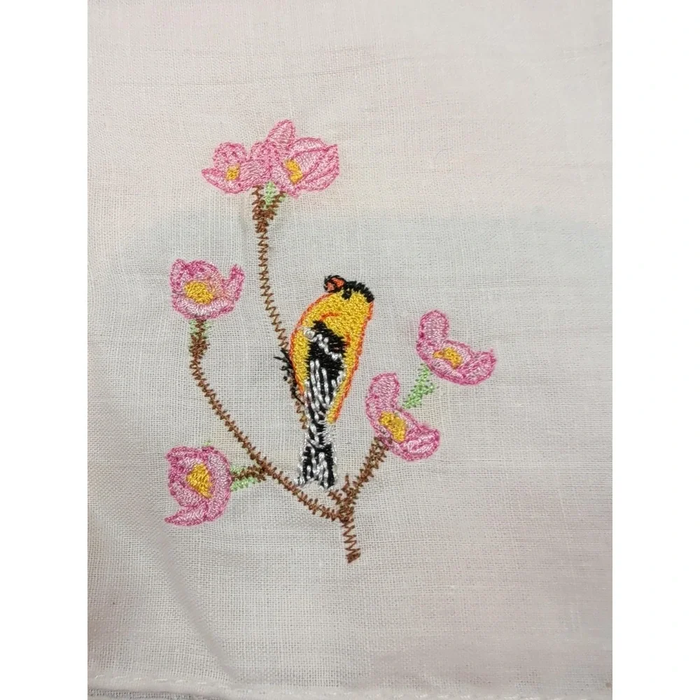 Vintage Embroidered Bird Handkerchiefs Lot of 5 Floral White Cotton Cottagecore